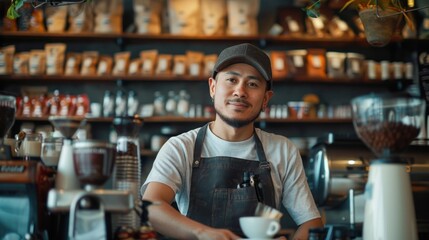 Contemporary cafe atmosphere featuring a barista brewing coffee, providing an ideal setting for coffee-related marketing campaigns.
