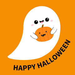 Happy Halloween. Flying ghost spirit holding pumpkin. Funny creepy smiling face. Eyes, teeth. Cute cartoon kawaii baby character. Greeting card. Sticker print. Flat design. Orange background. Vector