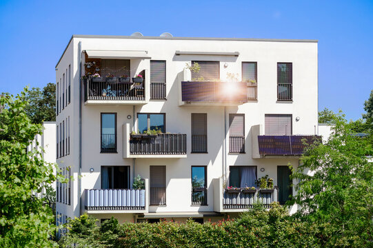 Balcony Solar Panel Mini Station of Modern Exterior Building. Modern Facade Building  of Apartments with Moder Balconies. 