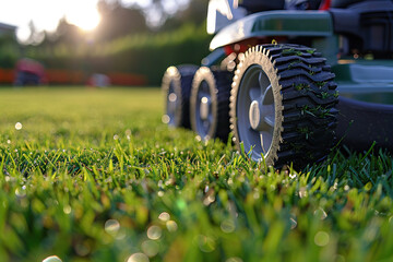 Lawn mower cut grass. Garden work. Electric Rotary lawn mower machine on blur background.