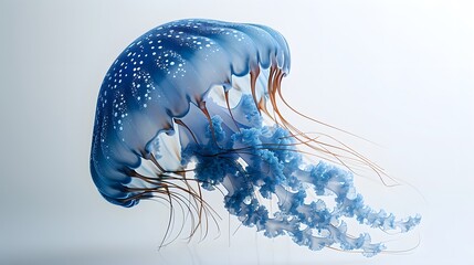 7. A minimalist image with a white background featuring a single blue jellyfish, positioned in the center