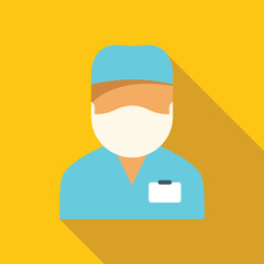 Medical professional wearing scrubs and surgical mask standing on a yellow background