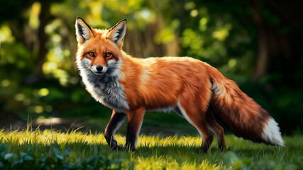 A red fox with a white tip on its tail standing in a grassy field