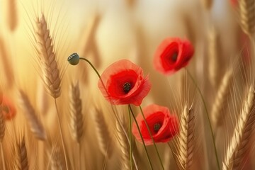 Blooming red poppy flowers in summer wheat field in sunset. Wildflower meadow. Memorial Day, Armistice day and Anzac Day. Beautiful natural background for design greeting card, banner, poster
