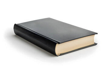 Ultra-detailed photograph of a single black book, isolated on white background