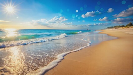 Obraz premium Serene and idyllic landscape of a pristine sandy beach beneath a soft tranquil light blue sky with subtle bokeh accents.