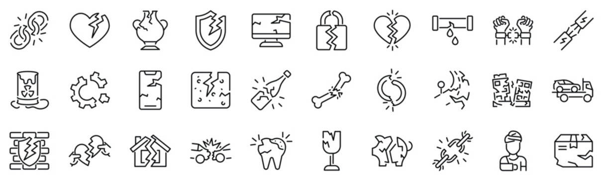Set of 30 outline icons related to damaged, broken. Linear icon collection. Editable stroke. Vector illustration