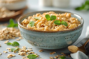 Healthy Breakfast Bowl of Fresh Oatmeal with Mint Leaves - Perfect for Nutrition and Wellness