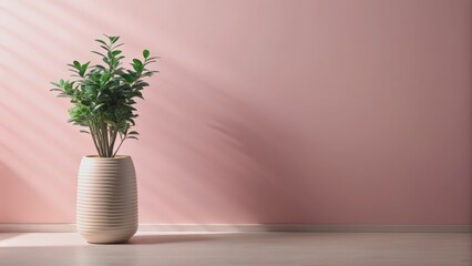 Soft pink minimalist interior with ceramic vase, lush green plant, and subtle shadows, providing ample copy space on neutral background.