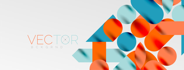 Mosaic geometric elements. Colorful circles, round geometric shapes and lines with shadow 3d effects. Simple forms abstract background for wallpaper, banner, template or landing