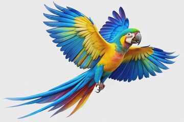 Obraz premium Vibrant blue and gold macaw spreads its magnificent wings, showcasing stunning rainbow hues as it takes flight, soaring away with grace and freedom.
