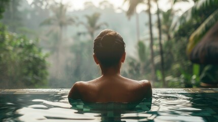 Tranquil Serenity in Tropical Paradise Woman Relaxes in Infinity Pool Overlooking Lush Jungle