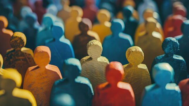 Colorful wooden people crowd with one odd one out