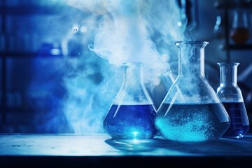 Laboratory flasks and test tubes with blue liquid and steam. Chemical background. Scientific Experimentation. Banner
