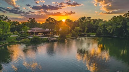 Obraz premium Sunset view of lake house and trees across