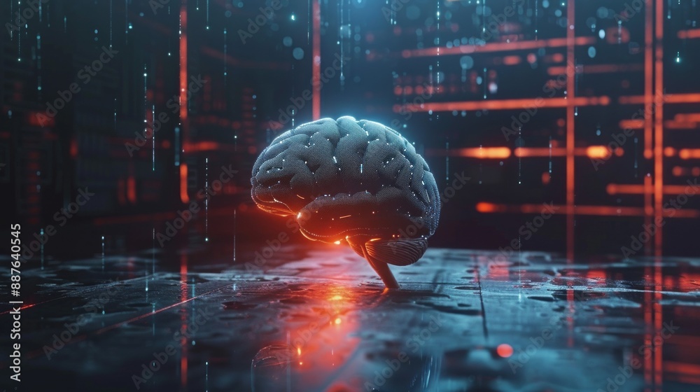 Poster a brain is shown in a futuristic setting with a blue background