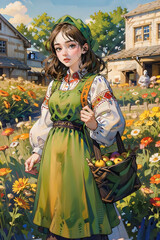 Obraz premium painting of a girl in a field of flowers
