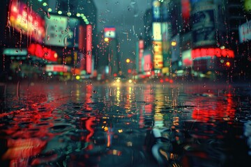 Naklejka premium City lights reflecting off a wet city street during a rain shower