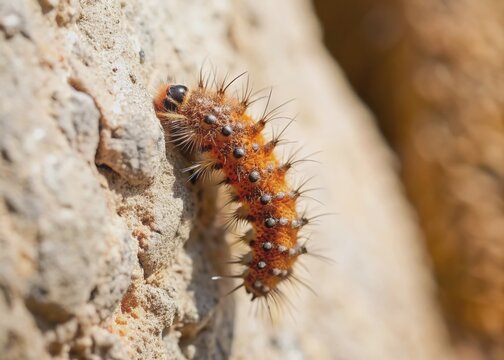 Small, hairy Anthrenus verbasci larvae crawls up a rough, dry concrete wall, its tiny legs grasping the surface on a bright, warm sunny day.