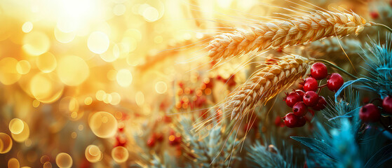 Fototapeta premium Harvest festival concept. Fall mockup with golden dry wheat, grain, herb. Lammas day composition. Autumn banner with copy space. Generative ai