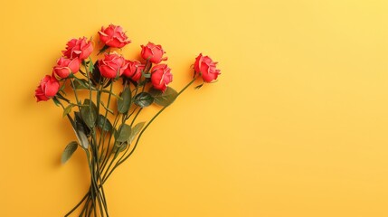 Obraz premium Romantic Red Rose Bouquet on Warm Yellow Background for Valentine's Day Bliss