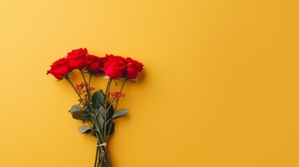 Fototapeta premium Romantic Red Rose Bouquet on Warm Yellow Background for Valentine's Day Celebration