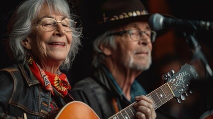 Obraz premium Photo Of Retired Energetic Lady And Man In A Popular Rock Group, Playing Drum Instruments And Singing, Lively And Nostalgic, High Quality Background