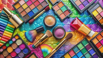Vibrant rainbow hues backdrop features assorted ornate makeup products including eyeshadows, lipsticks, and compacts in ornamental packaging designs.
