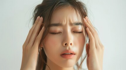 Fototapeta premium A woman with a pained expression holds her head, suggesting stress, headache or migraine.