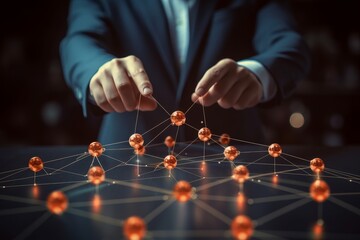 A businessman holds in his hands a virtual global structure of networking and data exchange, customer communication, customer relationship management, customer service, digital marketing and social me