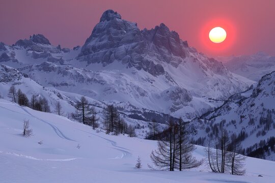 Majestic sunset over snowcapped mountain peaks and tranquil snowy landscape - Powered by Adobe