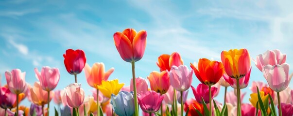 Bursting with Color: Spectacular Tulip Festival Blooms Against Blue Sky - Springtime Beauty in Detail