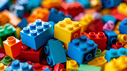 Fototapeta premium Feature a variety of bricks in bright colors (red, blue, yellow, green).