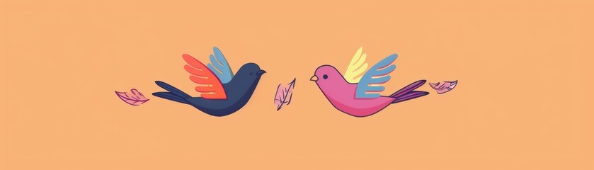 Obraz premium Colorful illustration of two birds facing each other with wings spread wide on an orange background, conveying harmony and connection.