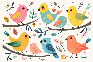 Obraz premium Colorful illustration of cute birds perched on branches, surrounded by various leaves on a white background.