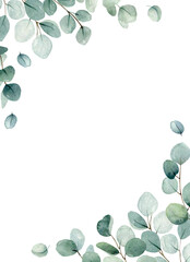 Obraz premium Floral illustration with eucalyptus leaves. Watercolor botanic vector frame for wedding or greeting card.