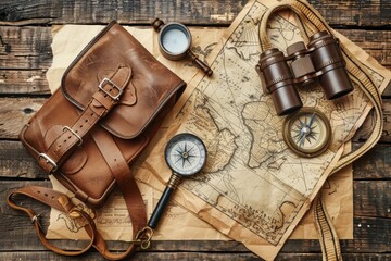Vintage Travel Accessories on Wooden Background