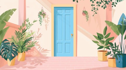 Fototapeta premium Illustrated scene of a pastel-colored room with blue door and potted plants, creating a serene and inviting atmosphere.