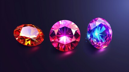 Fototapeta premium Vibrant and colorful gemstones displayed on a dark background, showcasing their brilliance and intricate cuts in various shades of red, pink, and blue.