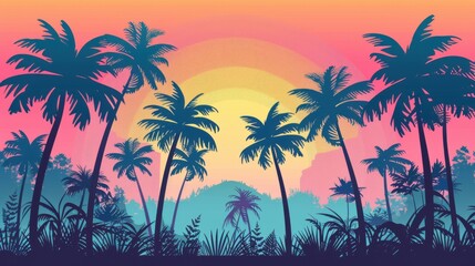 Obraz premium Tropical sunset with silhouetted palm trees against a vibrant, colorful sky creating a serene and exotic atmosphere.