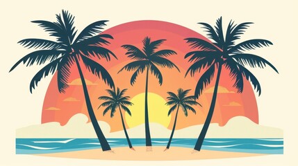 Vibrant sunset on a tropical beach with palm trees silhouetted against the colorful sky, creating a serene and picturesque scene.