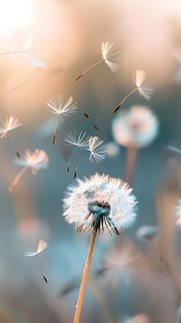 Macro view of delicate dandelion puff dispersing seeds in soft sunlight. Nature close-up.