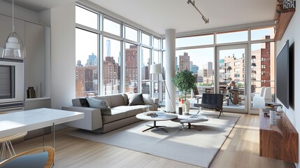 Fototapeta premium A compact, minimalist apartment living room with multifunctional furniture and large windows overlooking the city