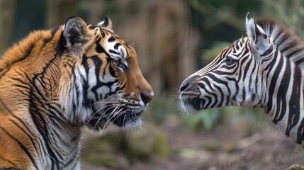 Obraz premium Tiger and Zebra Face-to-Face Encounter