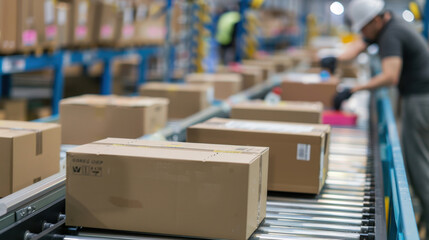 Cardboard boxes on conveyor belt in warehouse with worker sorting packages