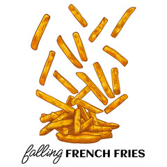 Hand drawn vector side view french fries. Tasty yellow orange crispy fries with outline, fill, details in separate groups. This asset is ready to use and easy to edit. 