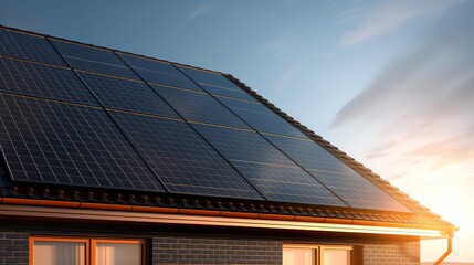 Fototapeta premium Close-up of a modern house with dark solar panels, reflecting sunlight, set against a clear sky, Photorealistic, Vibrant Colors