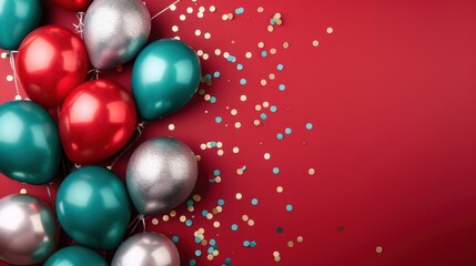 A festive arrangement with shiny red, teal, and silver balloons against a textured red background, with scattered gold confetti