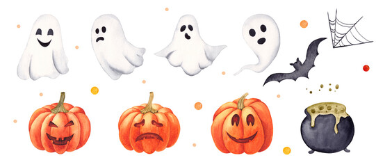 Watercolor halloween set. Ghosts, pumpkins, cobweb, bats. Hand drawn illustration isolated on the white background.