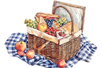 Charming watercolor painting of a picnic basket containing fresh fruits, bread, and a checkered cloth, showcasing rustic beauty.